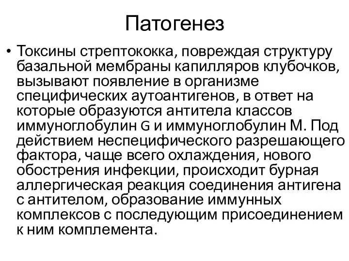 Патогенез Токсины стрептококка, повреждая структуру базальной мембраны капилляров клубочков, вызывают появление