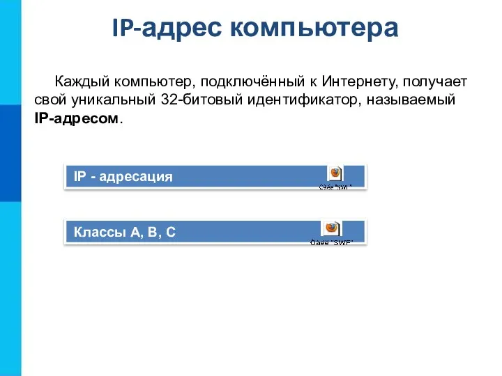 IP-адрес компьютера Каждый компьютер, подключённый к Интернету, получает свой уникальный 32-битовый