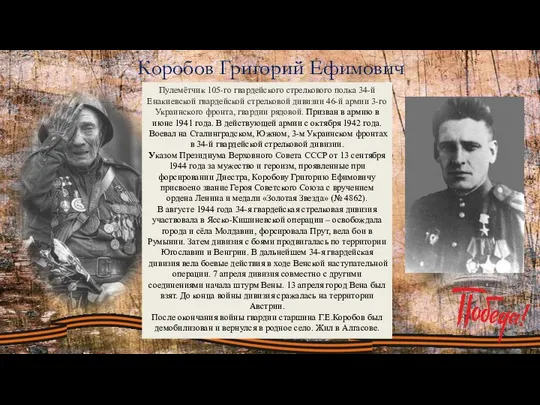 Коробов Григорий Ефимович Пулемётчик 105-го гвардейского стрелкового полка 34-й Енакиевской гвардейской