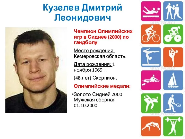 Кузелев Дмитрий Леонидович Чемпион Олимпийских игр в Сиднее (2000) по гандболу