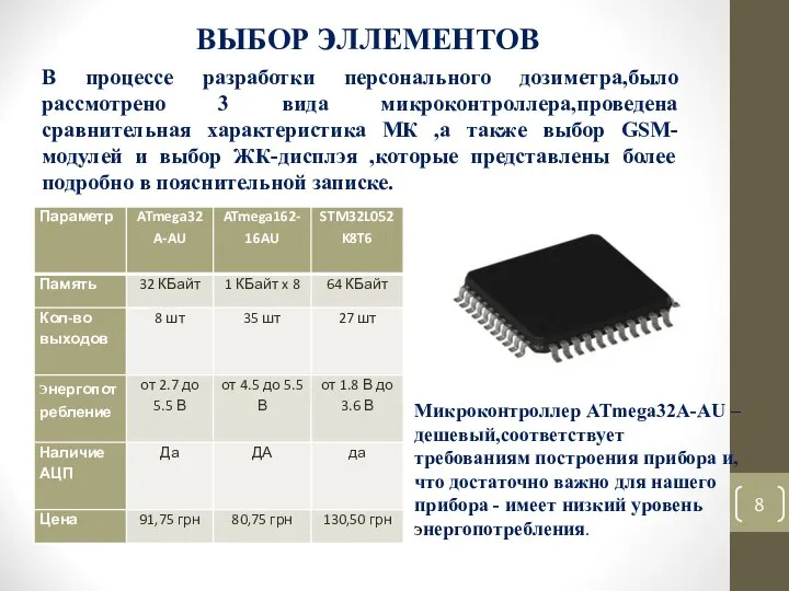 ВЫБОР эЛЛЕМЕНТОВ В процессе разработки персонального дозиметра,было рассмотрено 3 вида микроконтроллера,проведена