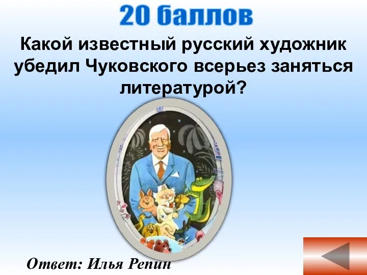 Ответ: Илья Репин 20 баллов Какой известный русский художник убедил Чуковского всерьез заняться литературой?