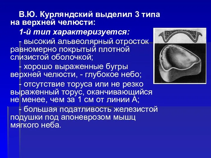 В.Ю. Курляндский выделил 3 типа на верхней челюсти: 1-й тип характеризуется: