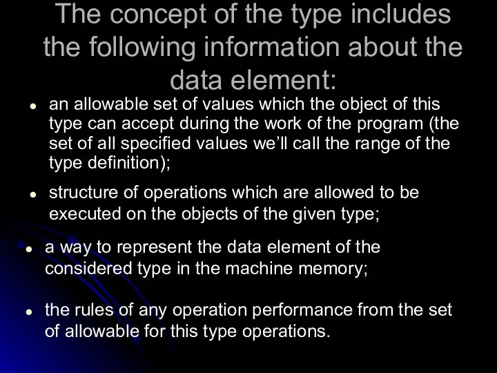 The concept of the type includes the following information about the