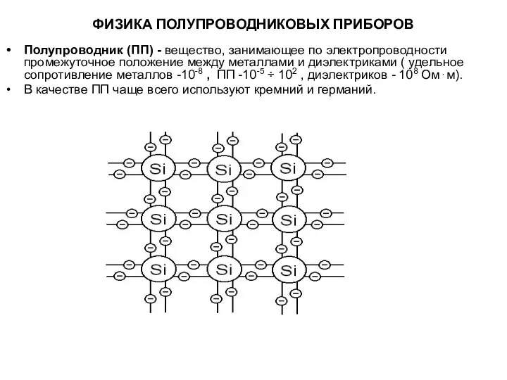 ФИЗИКА ПОЛУПРОВОДНИКОВЫХ ПРИБОРОВ Полупроводник (ПП) - вещество, занимающее по электропроводности промежуточное