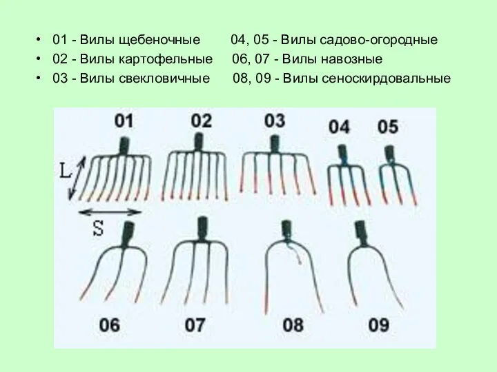 01 - Вилы щебеночные 04, 05 - Вилы садово-огородные 02 -