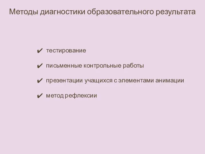 Методы диагностики образовательного результата тестирование письменные контрольные работы презентации учащихся с элементами анимации метод рефлексии