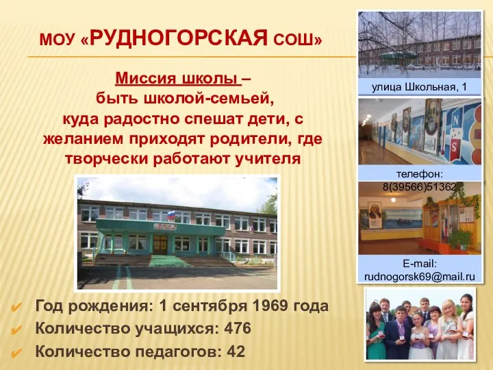 МОУ «РУДНОГОРСКАЯ СОШ» Год рождения: 1 сентября 1969 года Количество учащихся: