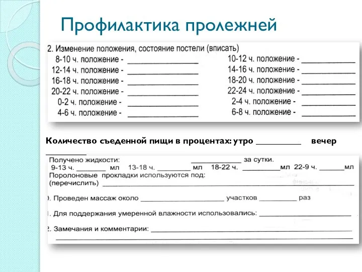 Количество съеденной пищи в процентах: утро __________ вечер _________ Профилактика пролежней