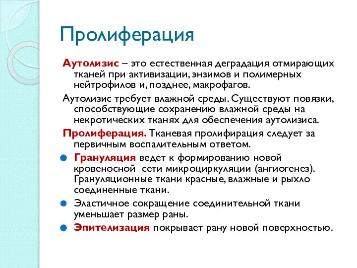 Пролиферация Аутолизис – это естественная деградация отмирающих тканей при активизации, энзимов