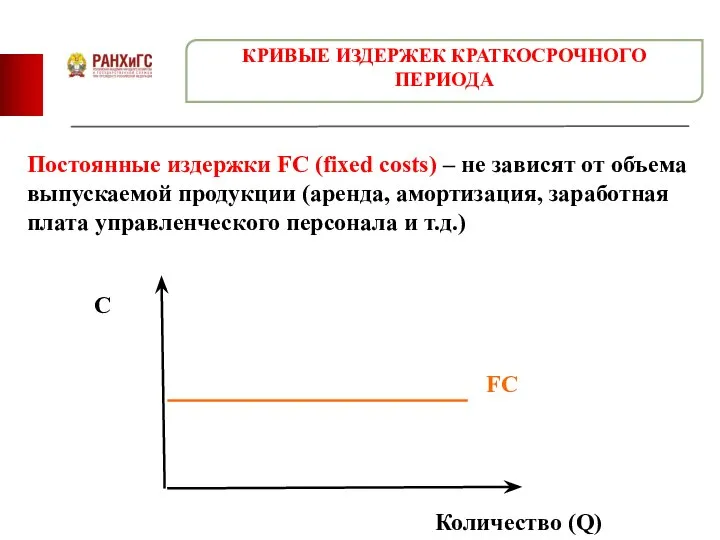 Постоянные издержки FC (fixed costs) – не зависят от объема выпускаемой