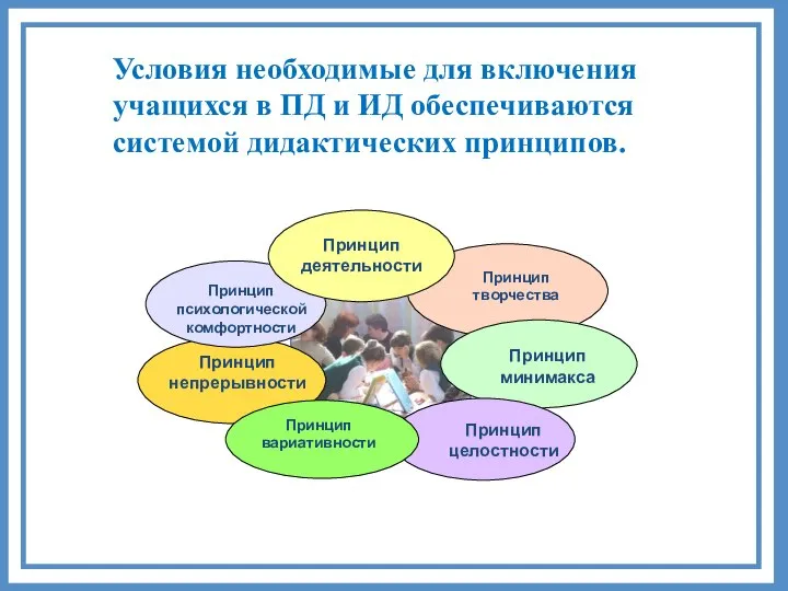 Условия необходимые для включения учащихся в ПД и ИД обеспечиваются системой дидактических принципов.