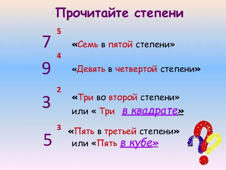 5 7 «Семь в пятой степени» 9 4 «Девять в четвертой