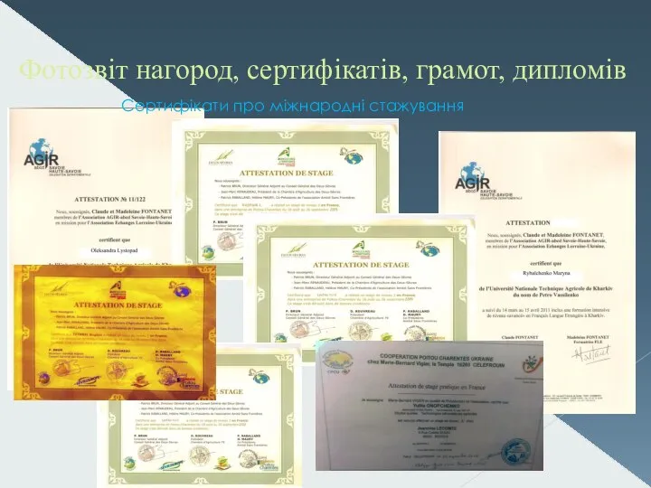 Фотозвіт нагород, сертифікатів, грамот, дипломів Сертифікати про міжнародні стажування