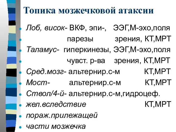 Топика мозжечковой атаксии Лоб, висок- ВКФ, эпи-, ЭЭГ,М-эхо,поля парезы зрения, КТ,МРТ