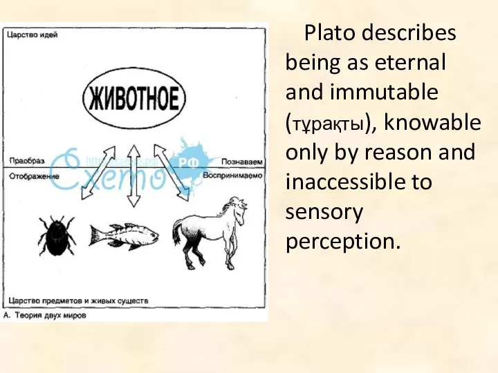 Plato describes being as eternal and immutable (тұрақты), knowable only by