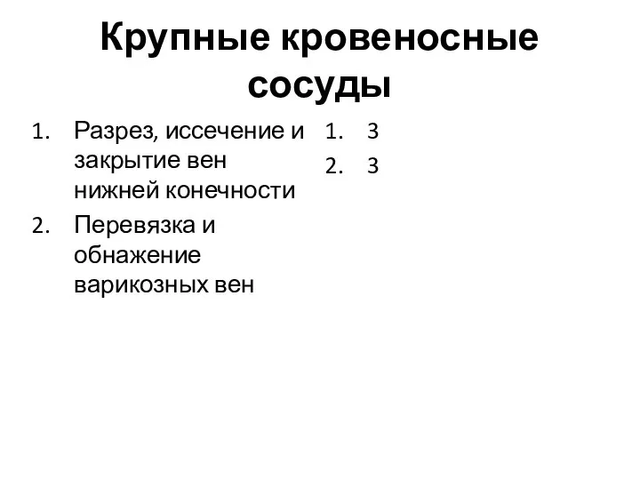 Крупные кровеносные сосуды Разрез, иссечение и закрытие вен нижней конечности Перевязка