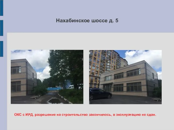 Нахабинское шоссе д. 5 ОКС с ИРД, разрешение на строительство закончилось, в эксплуатацию не сдан.