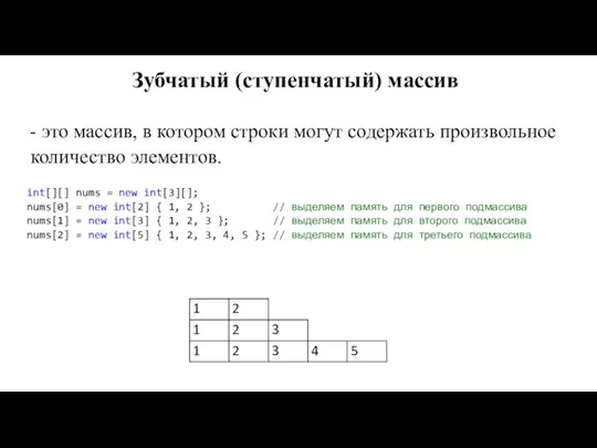 Зубчатый (ступенчатый) массив - это массив, в котором строки могут содержать