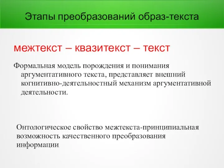 Этапы преобразований образ-текста межтекст – квазитекст – текст Формальная модель порождения