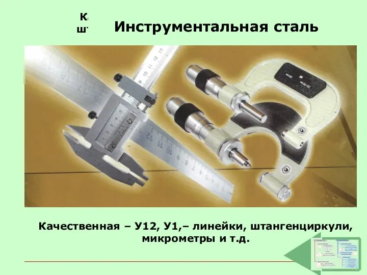 Качественная – У12, У1,– линейки, штангенциркули, микрометры и т.д. Качественная –