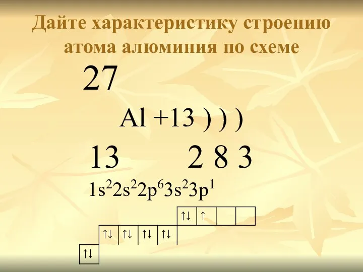 Дайте характеристику строению атома алюминия по схеме 27 Al +13 )