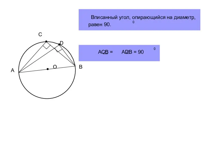 А О В С Вписанный угол, опирающийся на диаметр, равен 90.