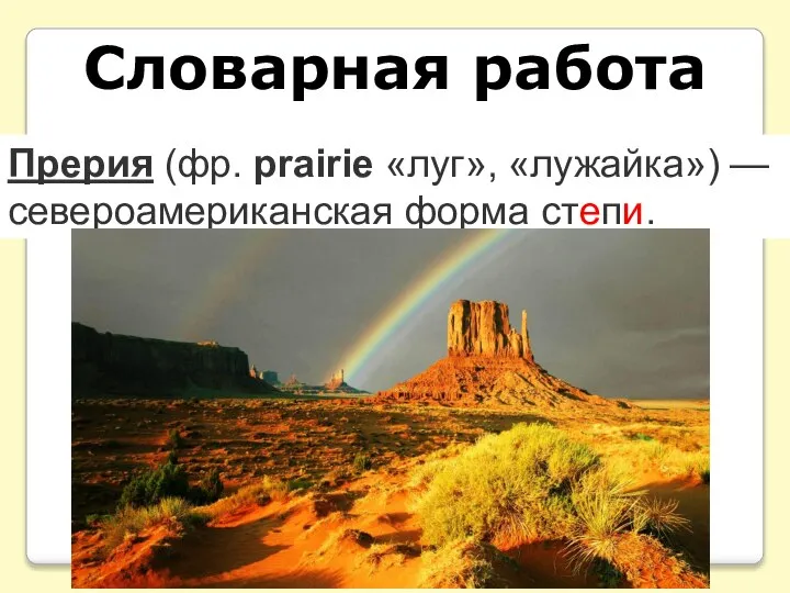 Словарная работа Прерия (фр. prairie «луг», «лужайка») — североамериканская форма степи.