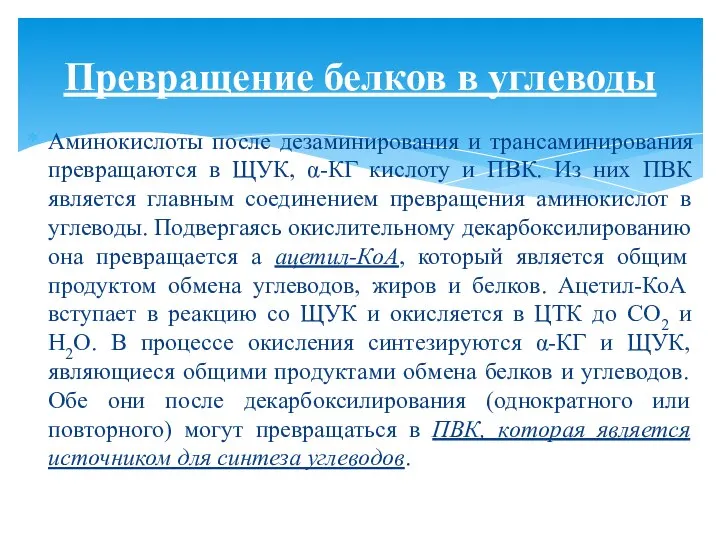 Аминокислоты после дезаминирования и трансаминирования превращаются в ЩУК, α-КГ кислоту и