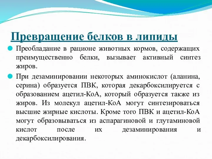 Превращение белков в липиды Преобладание в рационе животных кормов, содержащих преимущественно