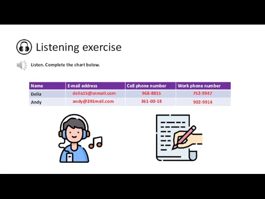 Listening exercise Listen. Complete the chart below.