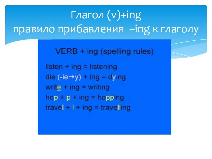 Глагол (v)+ing правило прибавления –ing к глаголу