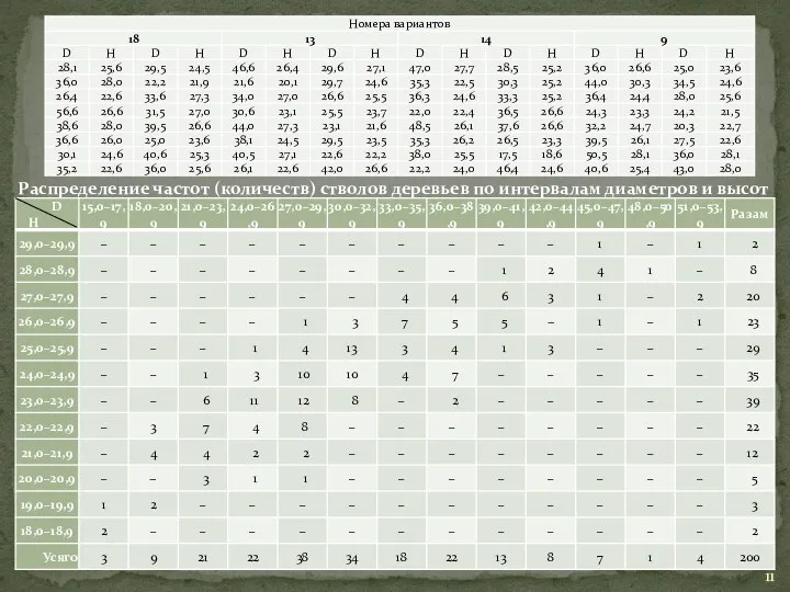 Распределение частот (количеств) стволов деревьев по интервалам диаметров и высот