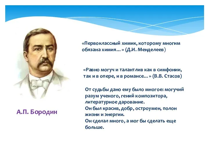 А.П. Бородин «Первоклассный химик, которому многим обязана химия…» (Д.И. Менделеев) «Равно