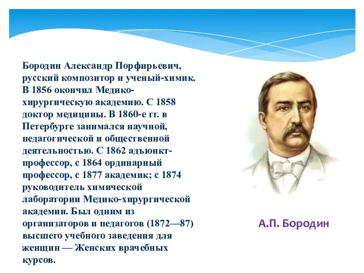 А.П. Бородин Бородин Александр Порфирьевич, русский композитор и ученый-химик. В 1856