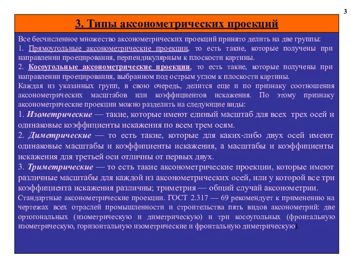 3. Типы аксонометрических проекций 3 Все бесчисленное множество аксонометрических проекций принято