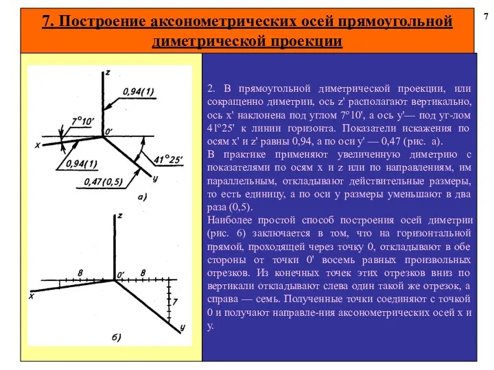 7. Построение аксонометрических осей прямоугольной диметрической проекции 7 2. В прямоугольной