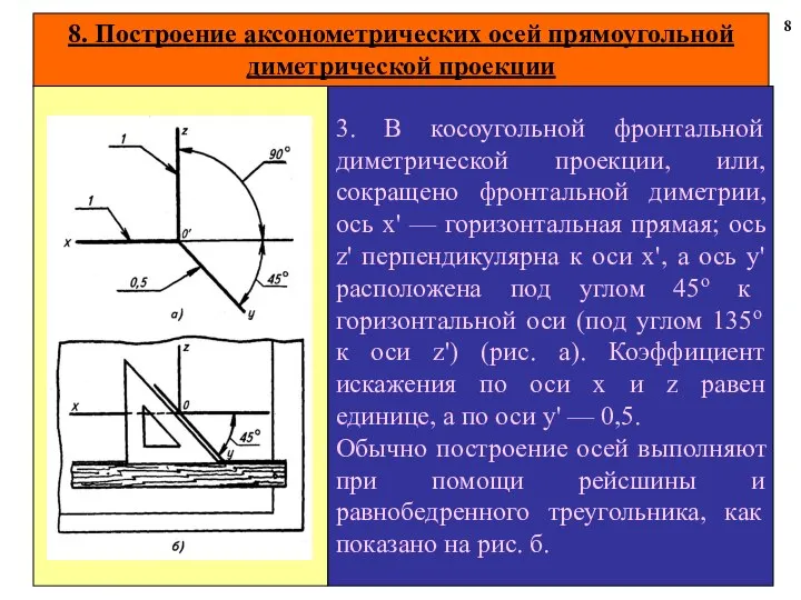 8. Построение аксонометрических осей прямоугольной диметрической проекции 8 3. В косоугольной