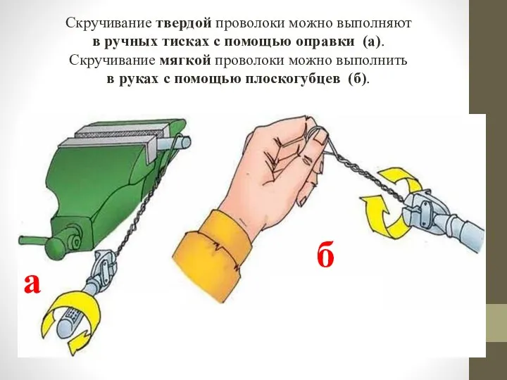 Скручивание твердой проволоки можно выполняют в ручных тисках с помощью оправки