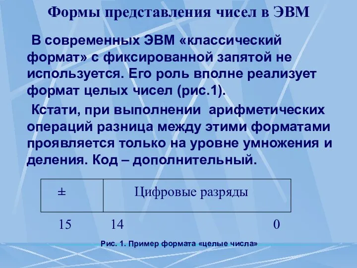 Формы представления чисел в ЭВМ В современных ЭВМ «классический формат» с