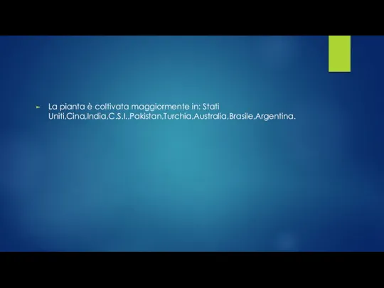 La pianta è coltivata maggiormente in: Stati Uniti,Cina,India,C.S.I.,Pakistan,Turchia,Australia,Brasile,Argentina.