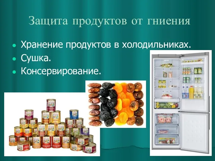 Защита продуктов от гниения Хранение продуктов в холодильниках. Сушка. Консервирование.