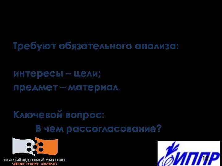 Основание столкновения Требуют обязательного анализа: интересы – цели; предмет – материал. Ключевой вопрос: В чем рассогласование?