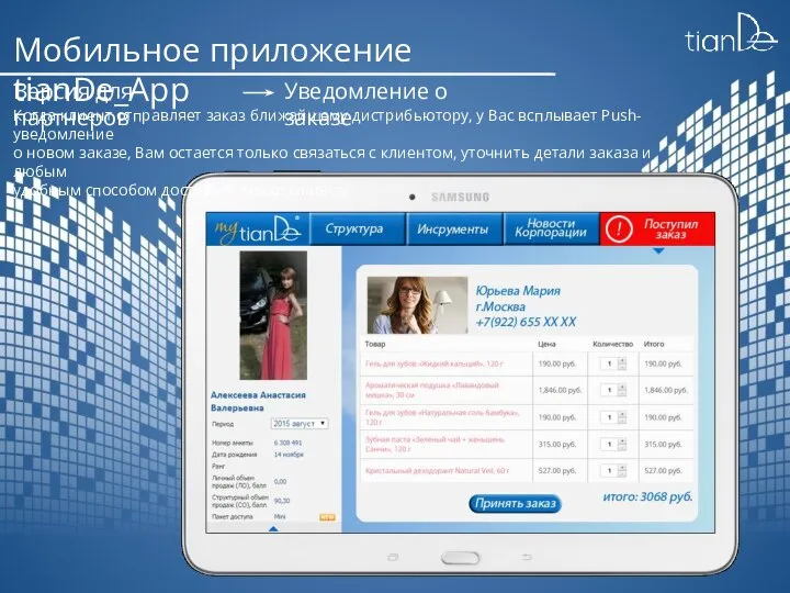 Мобильное приложение tianDe_App Версия для партнеров Уведомление о заказе Когда клиент