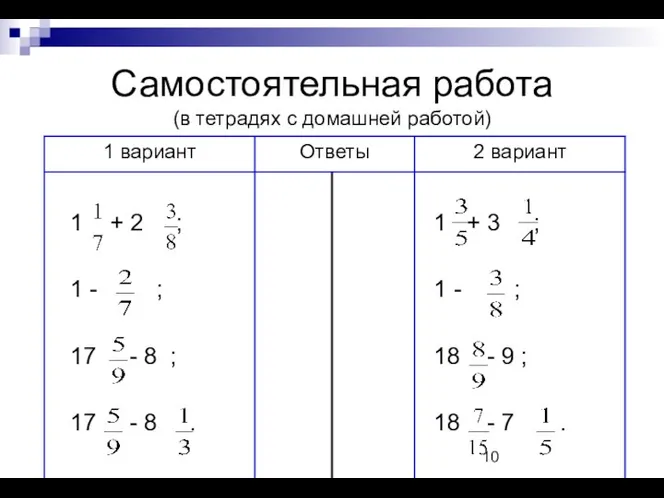 Самостоятельная работа (в тетрадях с домашней работой)