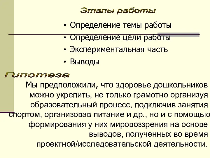 Определение темы работы Определение цели работы Экспериментальная часть Выводы Этапы работы