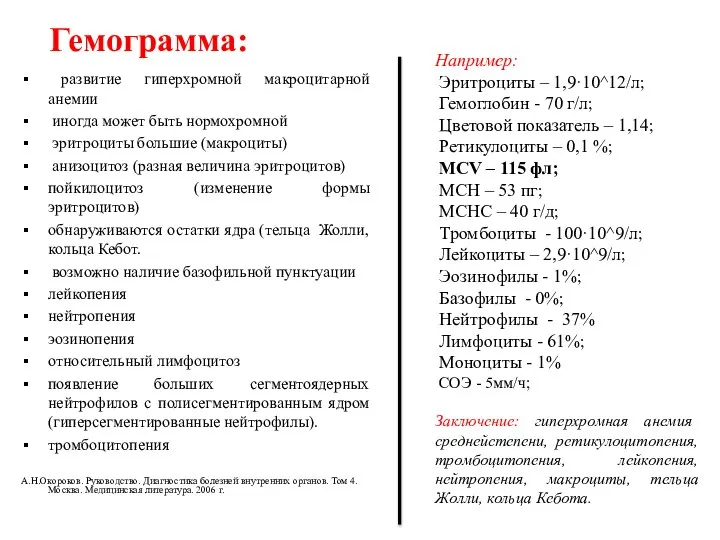 Гемограмма: развитие гиперхромной макроцитарной анемии иногда может быть нормохромной эритроциты большие