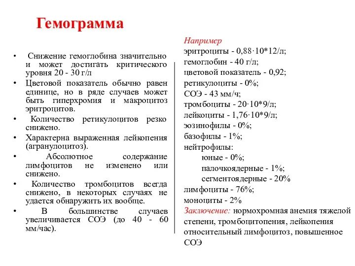 Гемограмма Снижение гемоглобина значительно и может достигать критического уровня 20 -