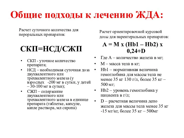 Общие подходы к лечению ЖДА: Расчет суточного количества для пероральных препаратов: