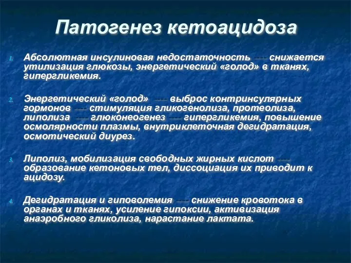 Патогенез кетоацидоза Абсолютная инсулиновая недостаточность ---- снижается утилизация глюкозы, энергетический «голод»